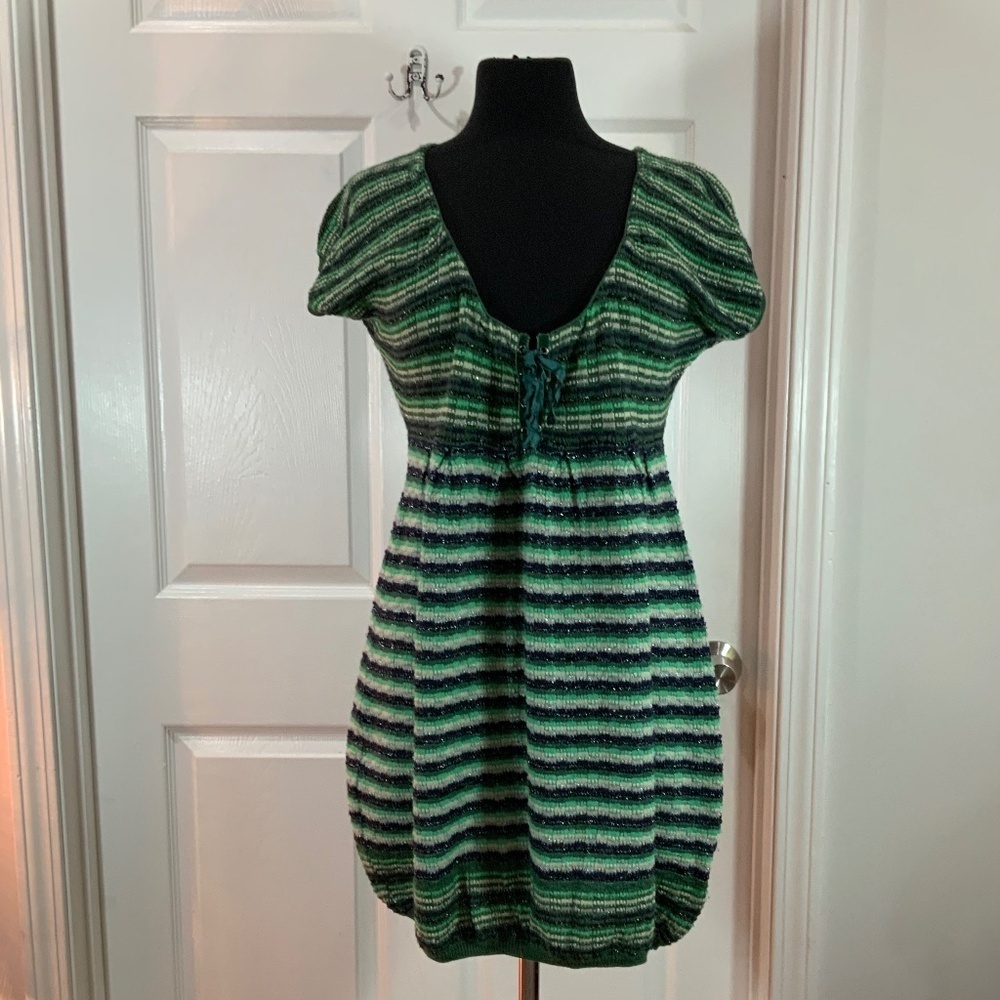 Free People Green Metallic Stripe Sweater Dress Lace Up Knit Mini Size Medium